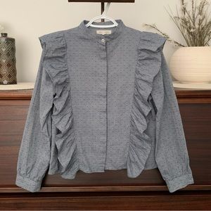 Chambray Patterned Ruffled Prairie Blouse, Size Large